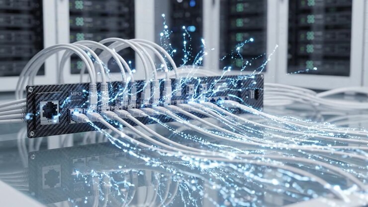 A Close-Up Look at High-Performance Networking Equipment with Fiber Optic Cables in a Data Center Environment, Highlighting Connectivity and Technology Advancements.