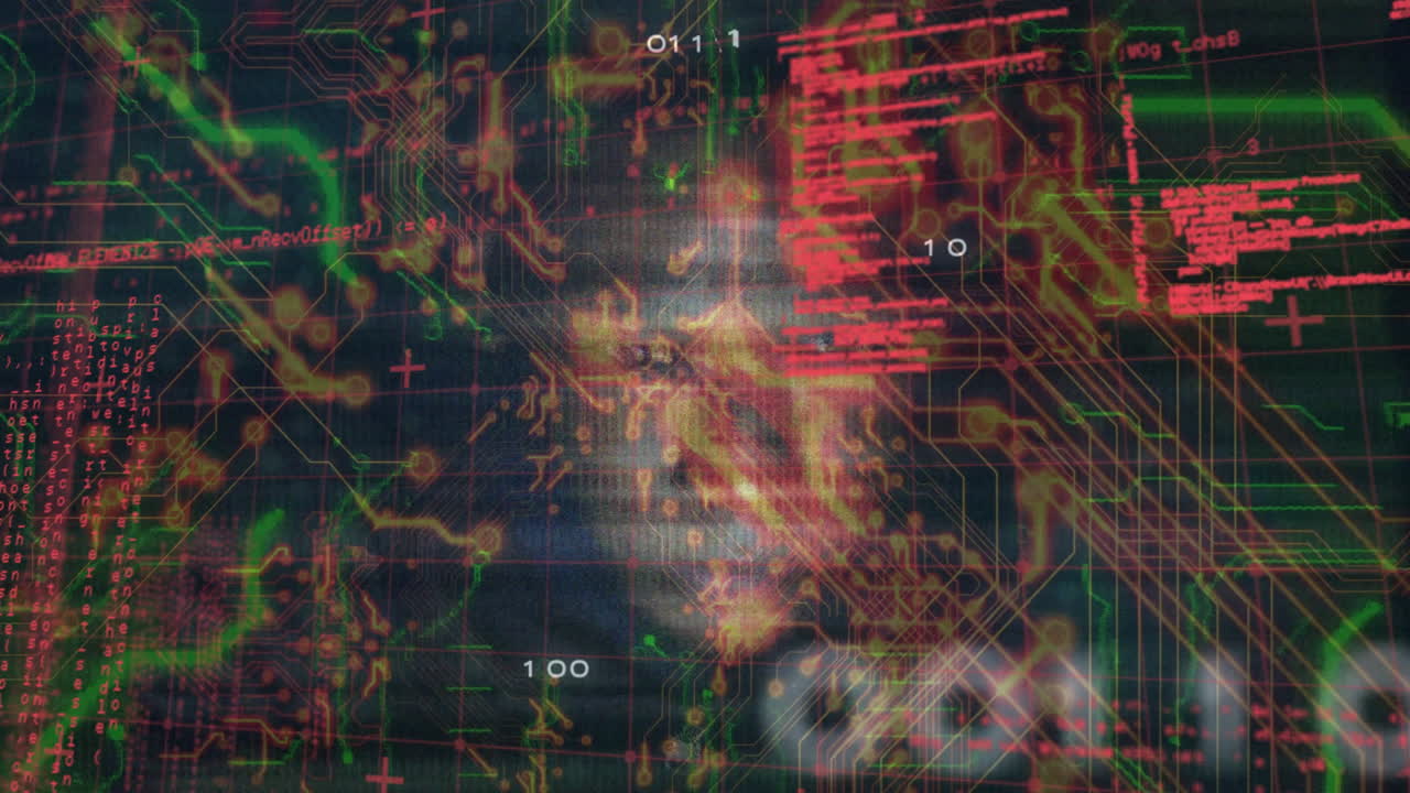Digital circuit patterns and data processing animation with glowing elements