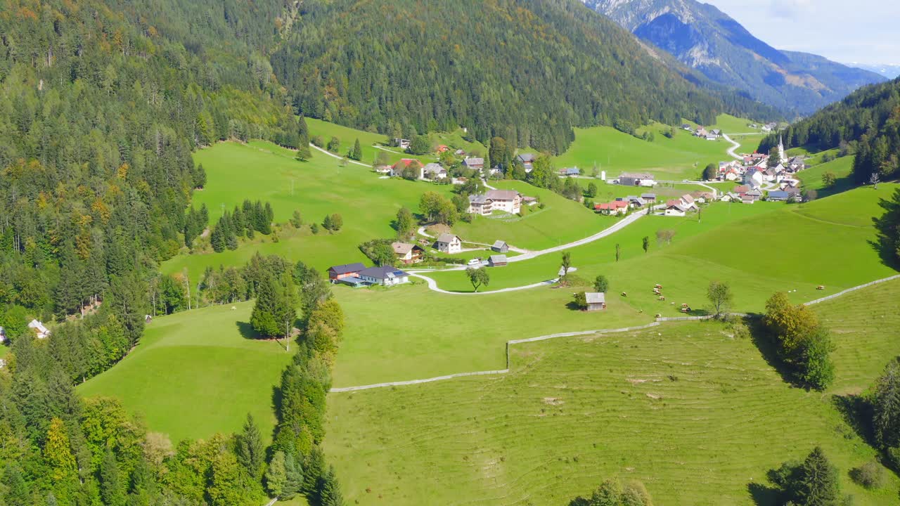 Vista drone di un piccolo paese con case nella valle verde, Austria