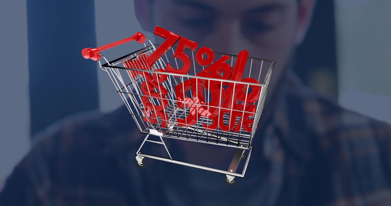 Animation of shopping card with discount percent over caucasian man using tablet