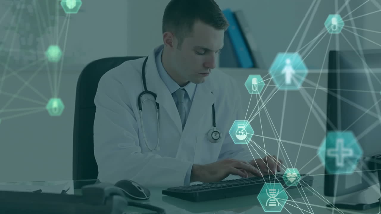 Doctor typing on keyboard, medical network and data processing animation over scene
