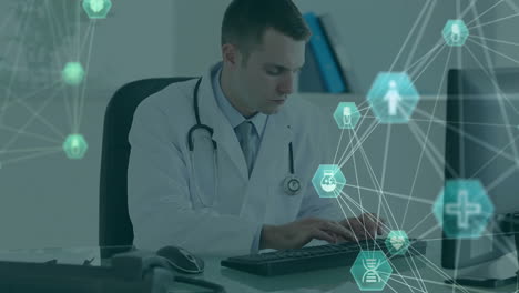 doctor typing on keyboard, medical network and data processing animation over scene