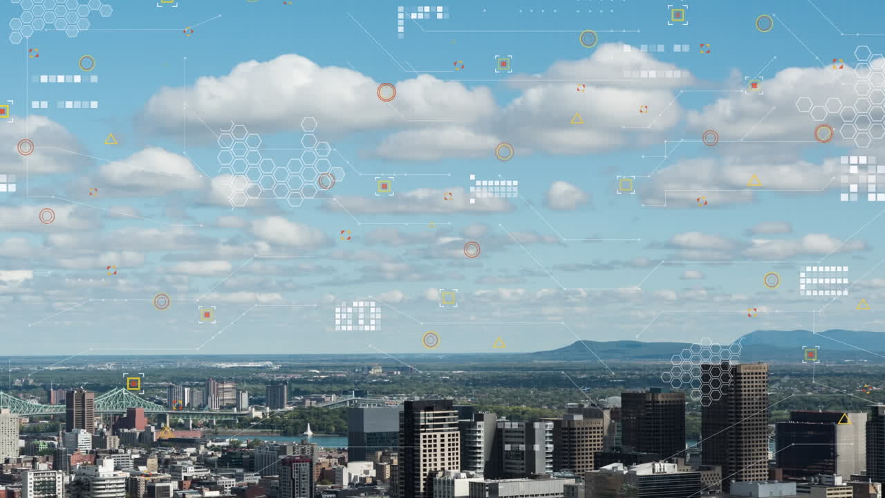 도시 풍경 위의 데이터 처리 애니메이션