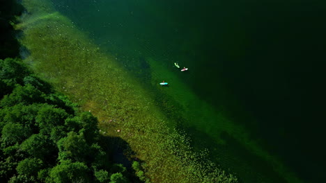 A-Smooth-Shot-Of-A-Green-Landscape-With-Trees-Near-A-Lake-And-People-Riding-On-Boats