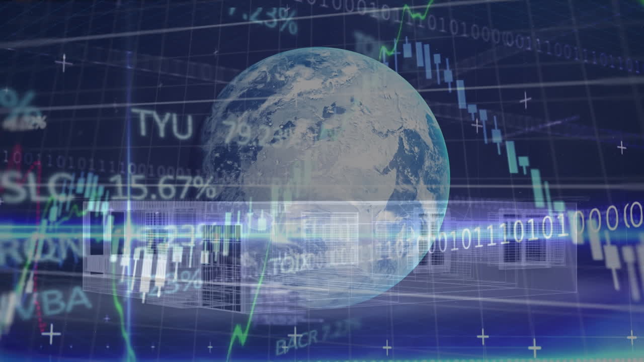 Animation of globe, binary coding data processing over house