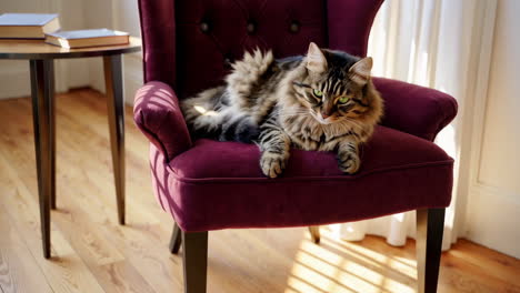 cat relaxing in a purple chair