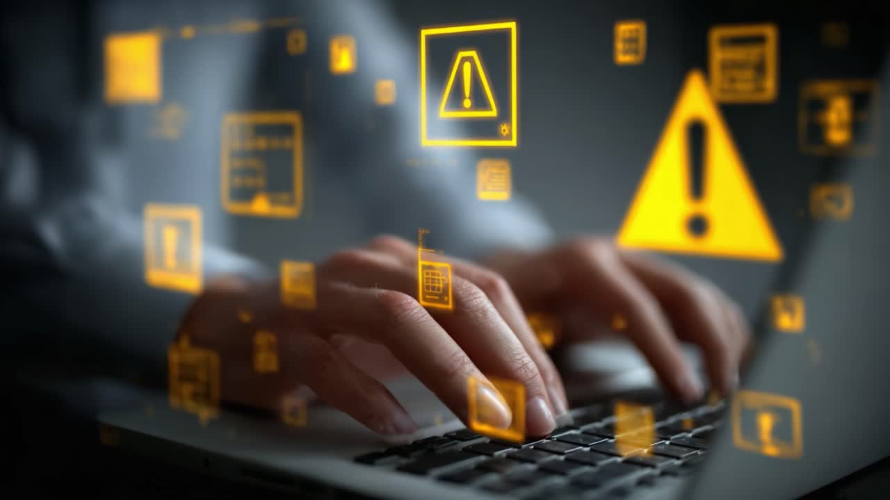 A Focused User Engaging with a Laptop Surrounded by Warning Symbols, Highlighting Cybersecurity Alerts and System Notifications in a Digital Environment
