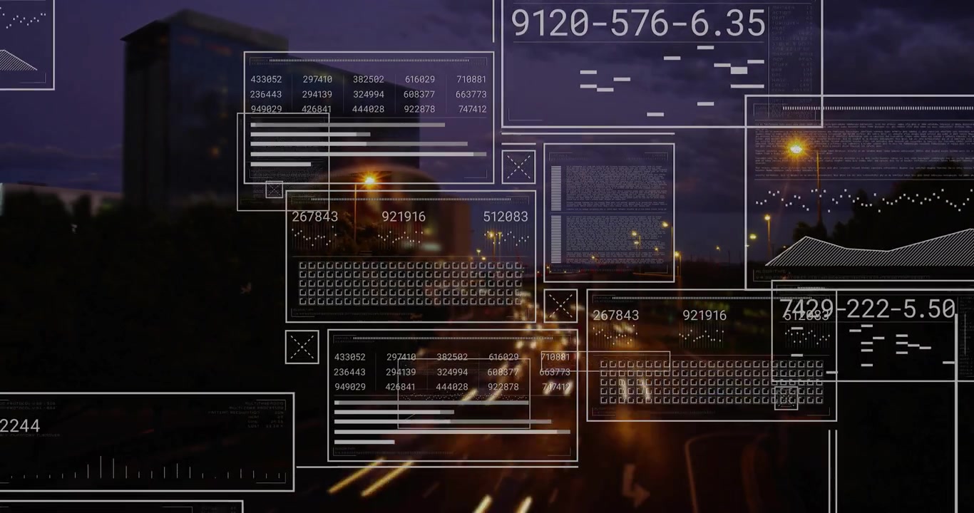 After dusk stillness UI panels spawning above highway, numbers updating for traffic visualization