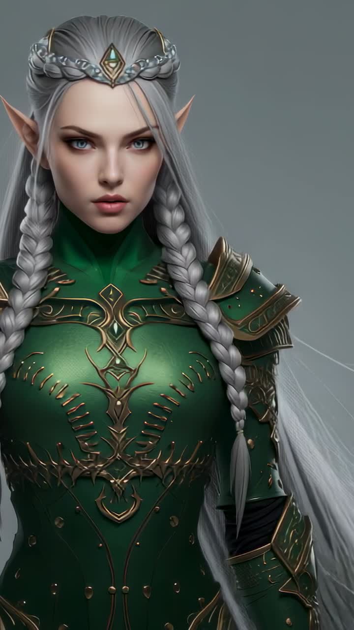 Vertical video: Elf warrior rotating torso from frontal to profile in studio, with circlet, armor