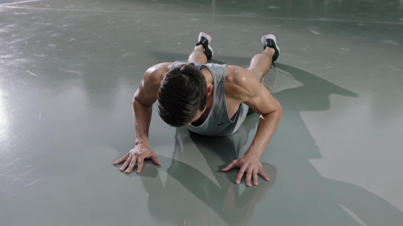 Starting pushup set, Asian male lowering chest toward glossy court, wearing grey tank, black shorts