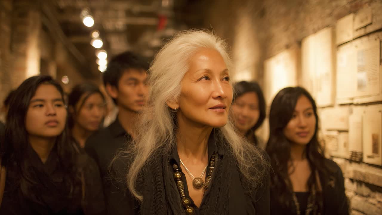 A Thoughtful Journey: An Elegant Group Observes Art in an Urban Gallery, Highlighting Cultural Engagement and Artistic Reflection