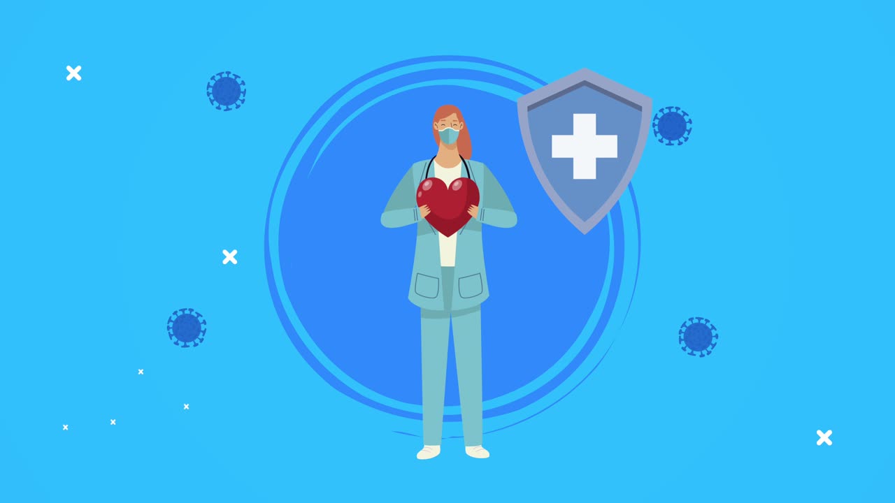 여성 의사는 코로나19 입자 및 방패와 함께 심장 카디오를 들어 올리고 있습니다.