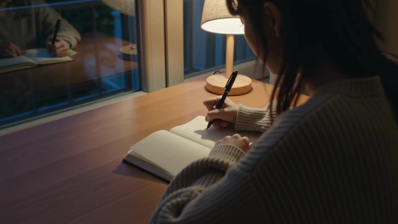 Donna che studia, in maglione, appoggiata alla scrivania vicino a una finestra illuminata da una lampada, scrive su un quaderno con una penna nera.