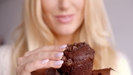 female hand holding a piece of chocolate cupcake