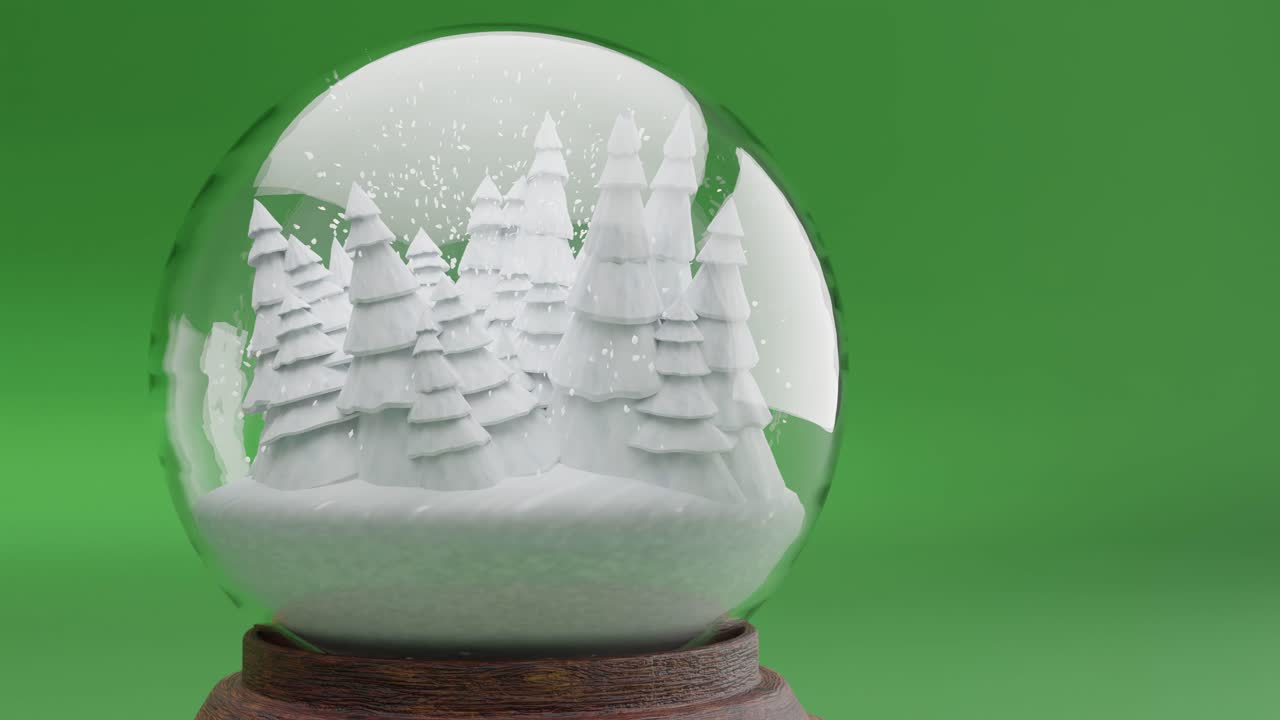 녹색 배경의 스노우 글로브 안의 마법에 걸린 겨울 숲