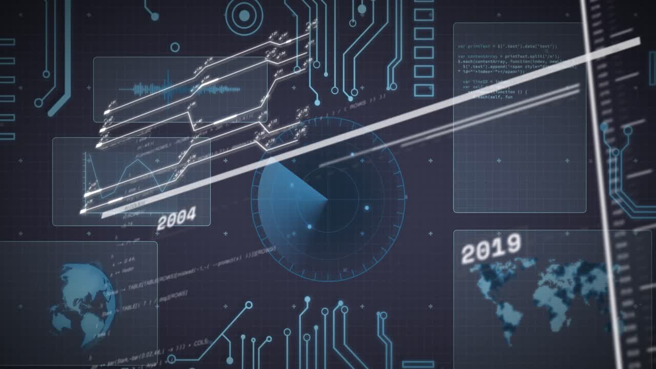 Animation of interface with data processing and round scanner against blue background