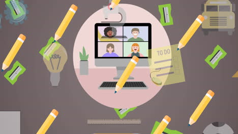 animación de los iconos de los artículos escolares que se mueven sobre un fondo verde