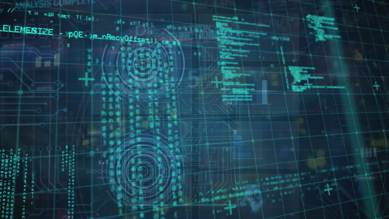 Animation of data processing and padlock icon over computer circuit board on black background