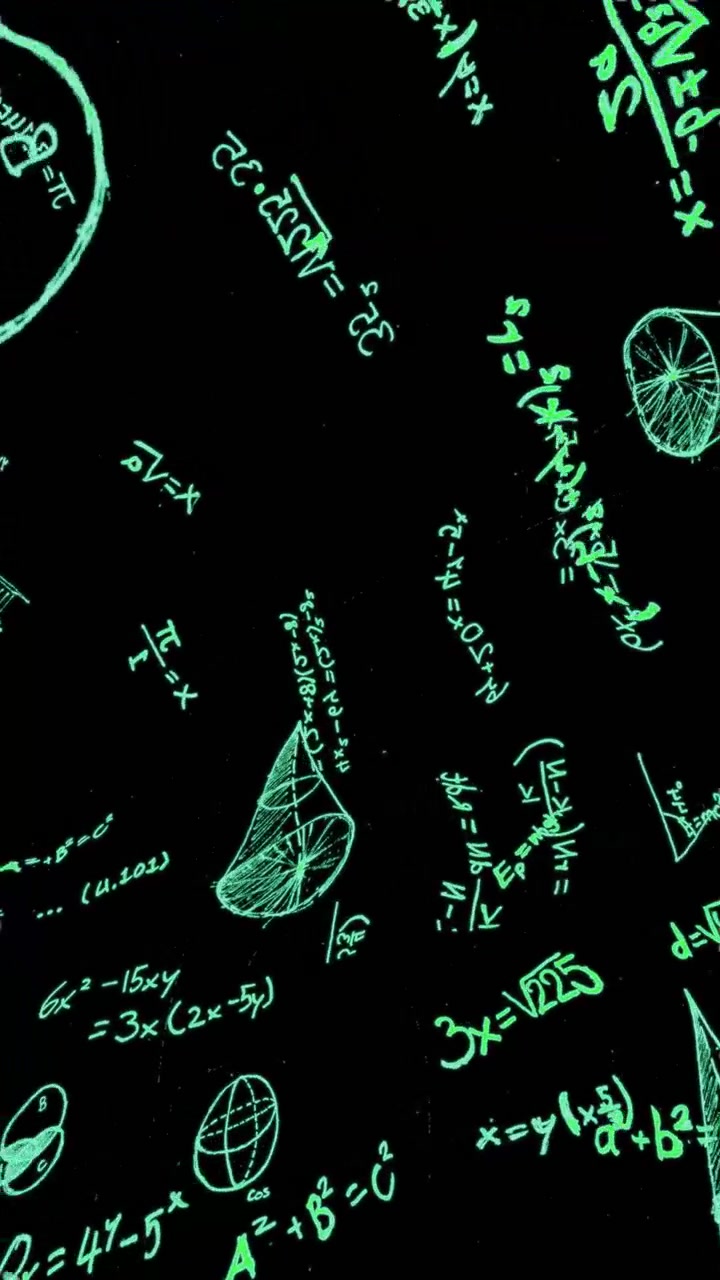 Sfondo sovrapposto matematico 3D verde e psichedelico con formule come Pitagora e a² + b² = c², animazione scientifica psichedelica su lavagna verde a strati 3D.