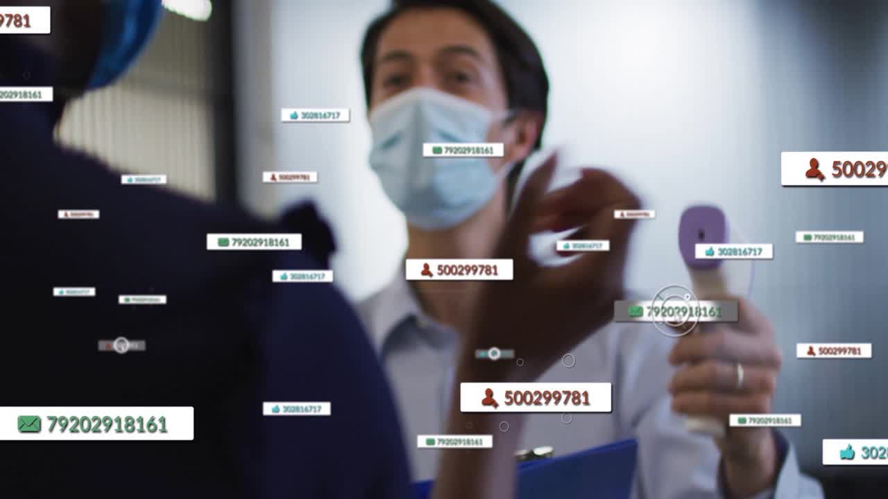 Screening staff raising IR thermometer to scan wrist, displaying data tags, logging on clipboard