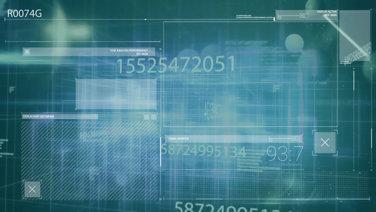 Digital data and numbers processing animation over blue technological background
