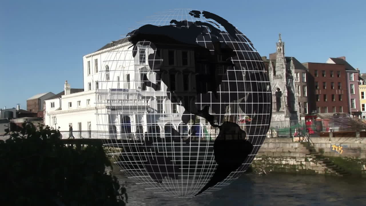 Rotating globe animation over historic buildings in European cityscape