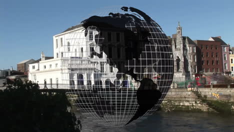 rotating globe animation over historic buildings in european cityscape