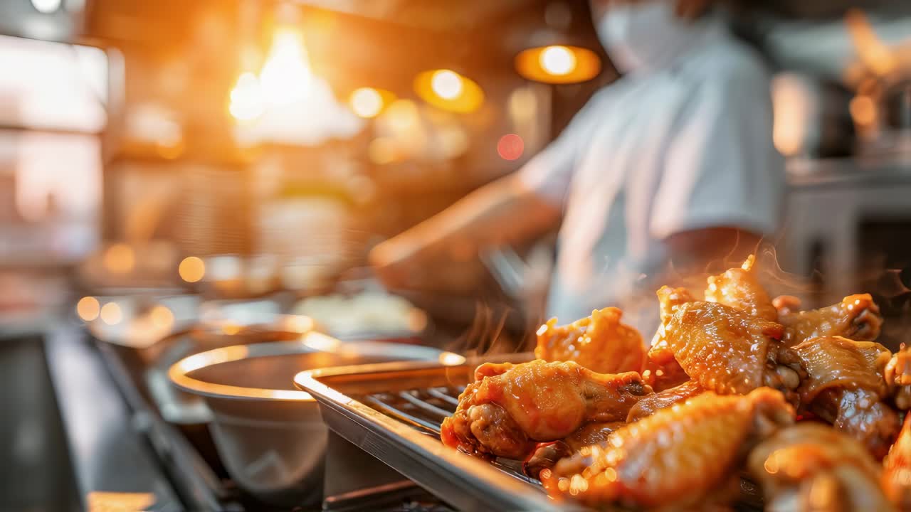 Chef expertly prepares succulent roasted chicken wings in a warm, bustling kitchen environment, highlighting gourmet cooking techniques and savory food presentation