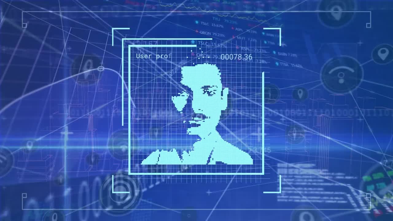 animación del procesamiento de datos y los iconos de personas sobre fondo azul