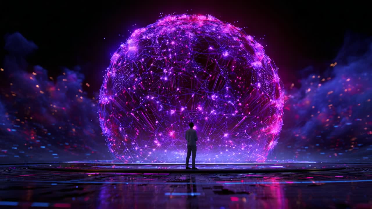 A solitary figure gazes in awe at a massive, glowing spherical network of interconnected nodes, shimmering with vibrant colors and energy, hinting at futuristic technology and the boundless possibilities of the digital realm