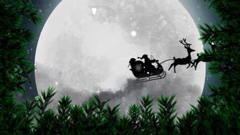 animation of snow falling over christmas santa claus in sleigh and winter scenery