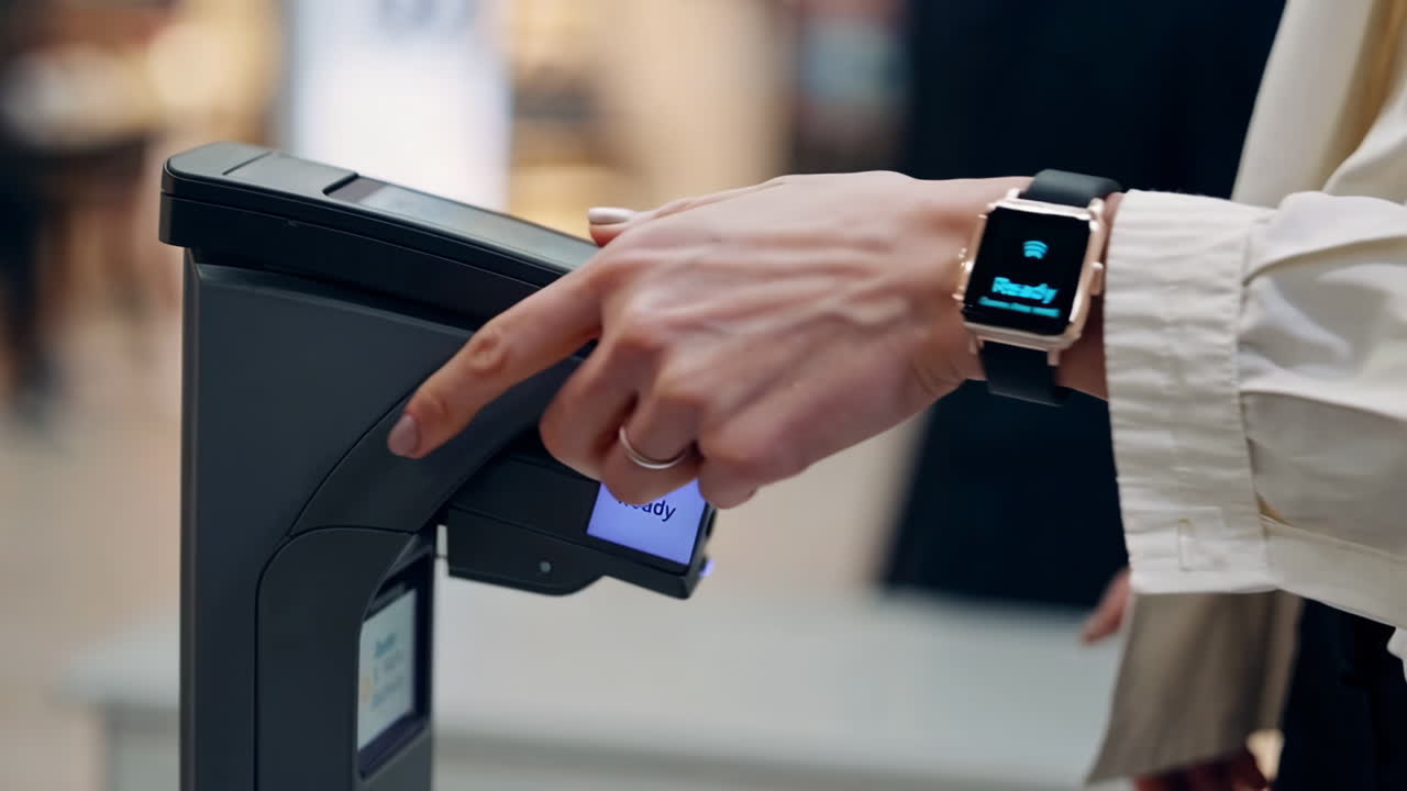 A person using a self-checkout machine for payment in a store