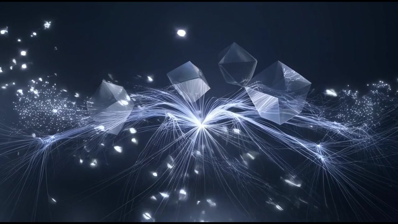 Abstract Geometric Shapes Floating Amidst Glowing Fiber Optic Light Trails