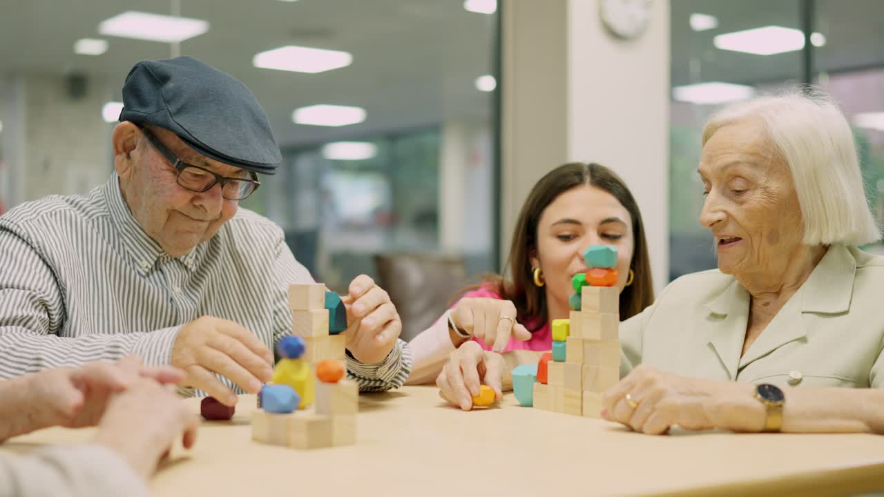 Seniors Playing Game with Wooden Blocks