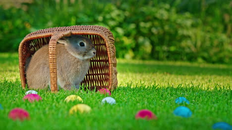 el conejo de pascua se esconde en la canasta.