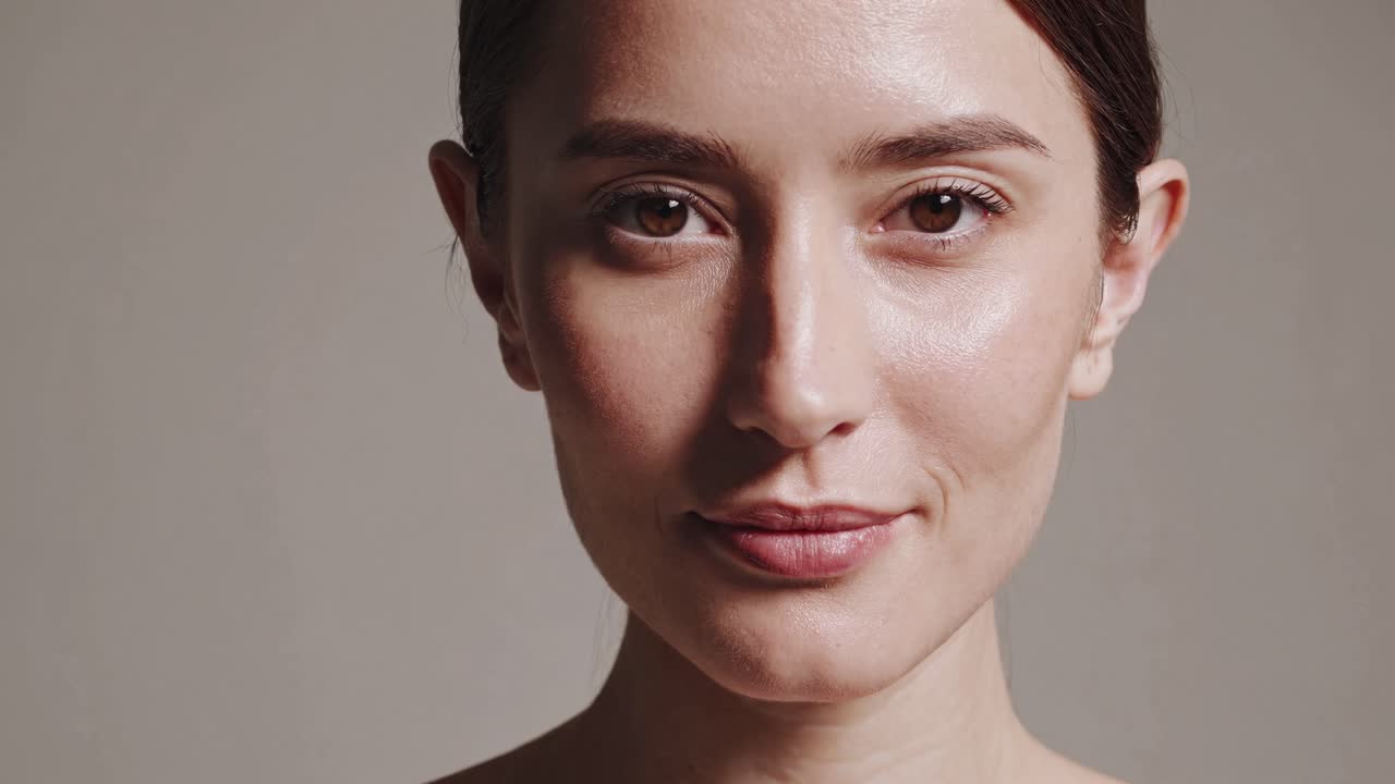 The video captures a serene portrait of a woman with a minimalist style, focusing on natural beauty