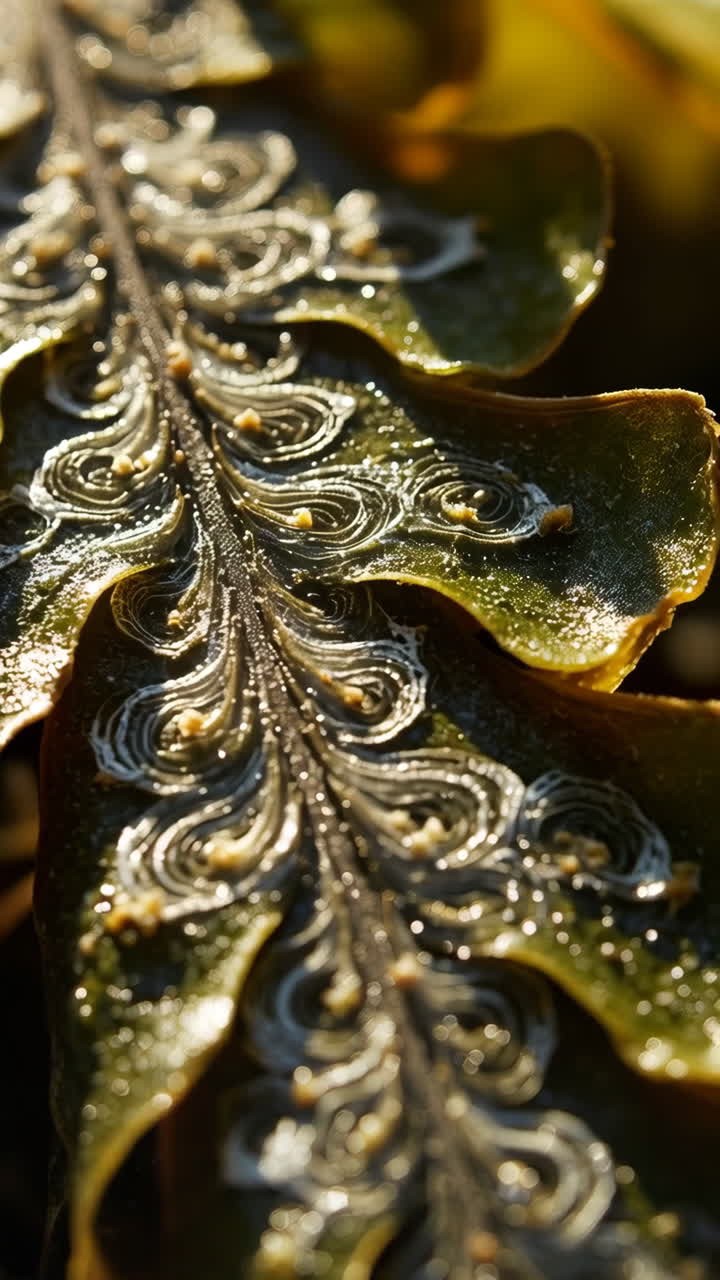 Vista Macro de Planta Verde ou Alga com Padrões Intrincados e Luz Solar