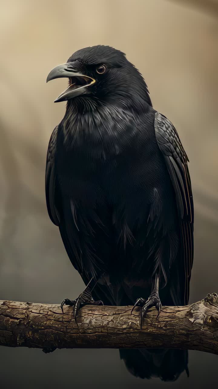 Vertical video: Calling black bird tilting head, opening beak on branch with claws gripping wood