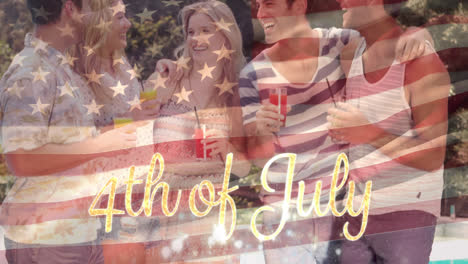 group of friends by the pool and an american flag with a 4th of july text