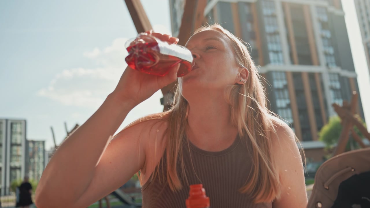 Woman drinks from red bottle in outdoor playground with tall buildings and wooden structures. Woman holds drink adjusts her hair or clothing under bright sunlight with clear sky background