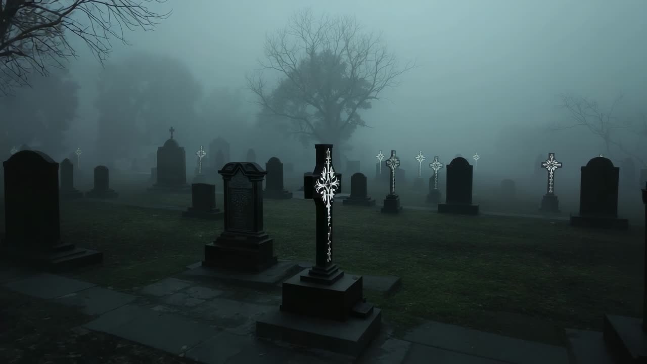 Holding camera revealing crosses, moving closer focusing ornate cross tombstone in foggy graveyard