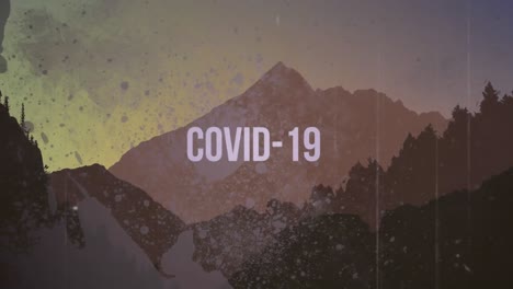 covid-19 text over distressed pattern against landscape with mountains