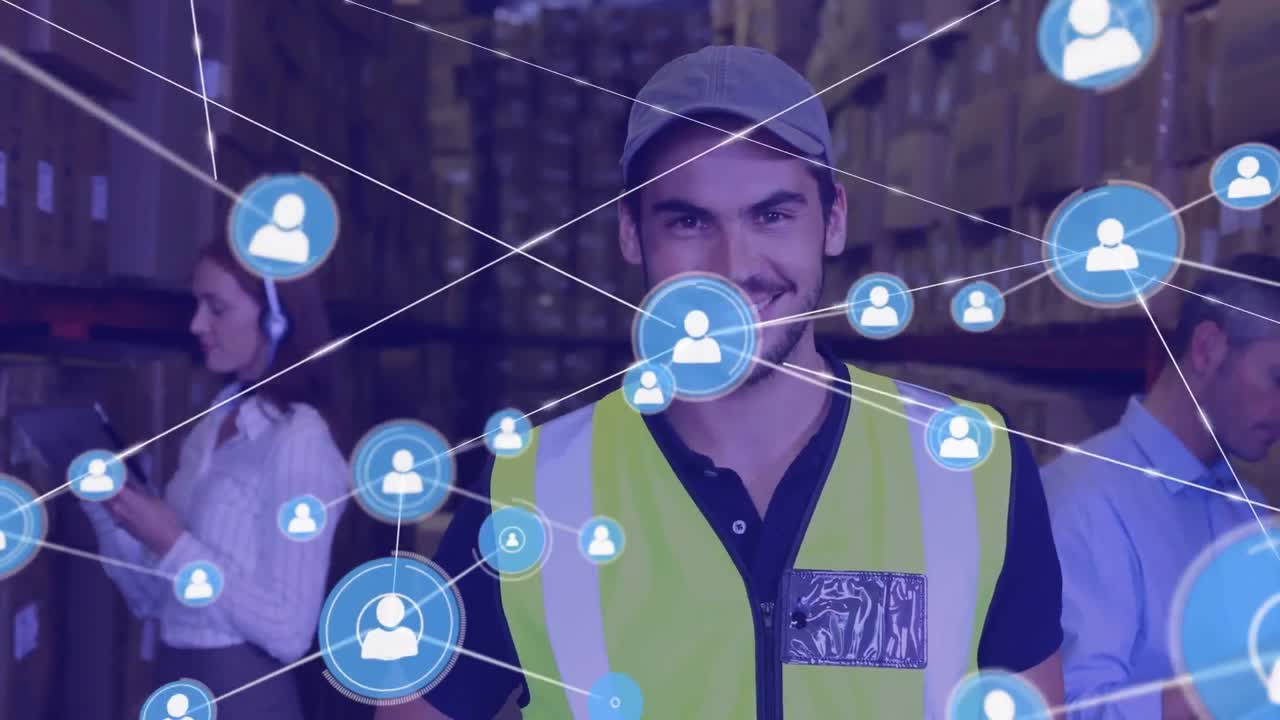 animación de la red de conexiones entre diversas personas que trabajan en el almacén