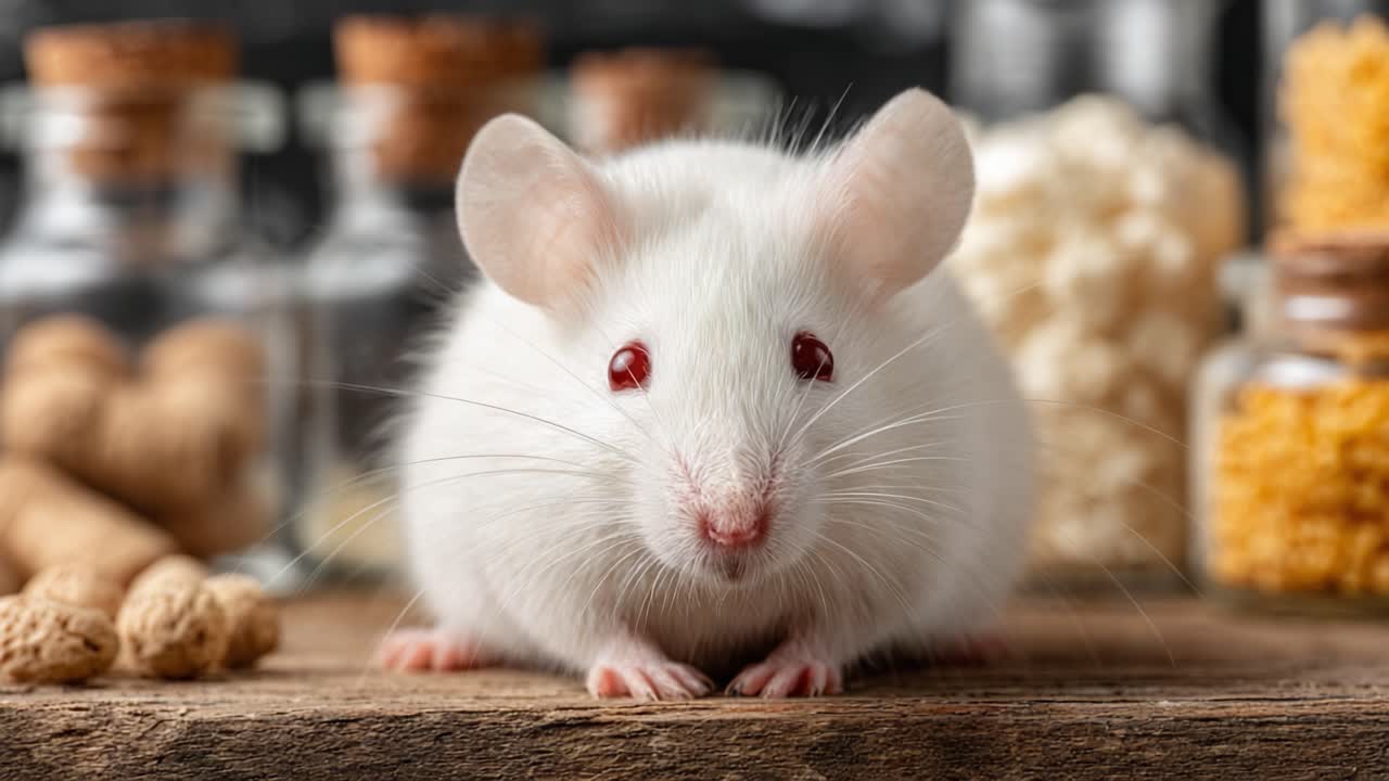 A Curious White Mouse Explores Its Environment Surrounded by Glass Containers and Food Items, Showcasing Its Playful Nature and Distinctive Features