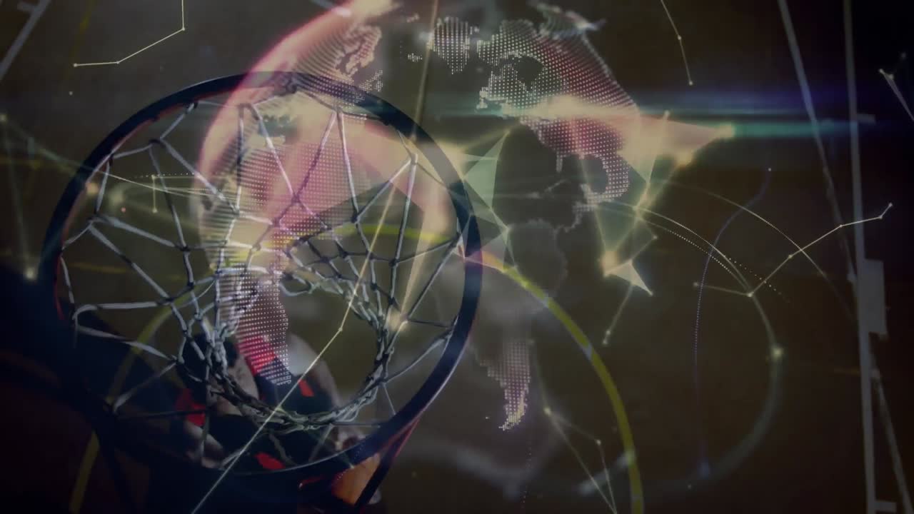 animación de redes de conexiones con el mundo más de raza mixta jugador de baloncesto masculino en el gimnasio