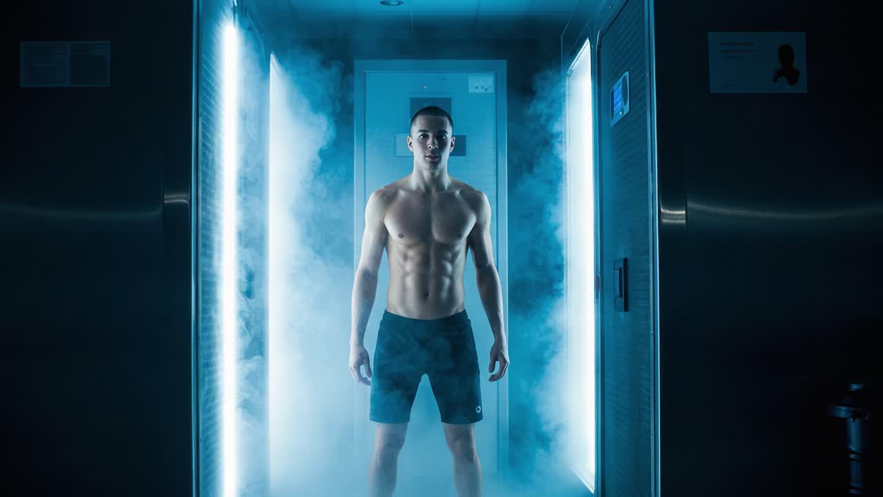 A Focused Individual Stands Confidently in a Misty Sci-Fi Environment with Illuminated Borders, Exuding Strength and Determination in an Ethereal Setting