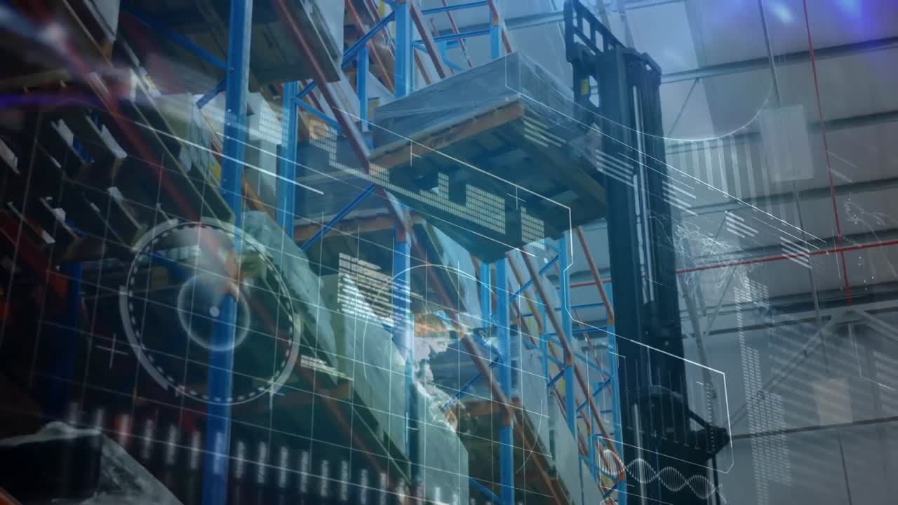 Animation of data processing over machines and storage shelves in warehouse