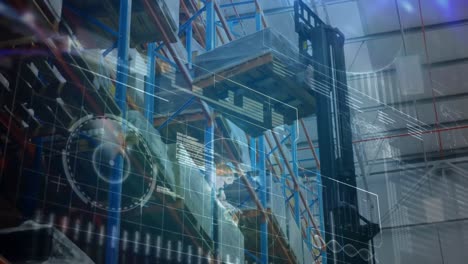 animation of data processing over machines and storage shelves in warehouse
