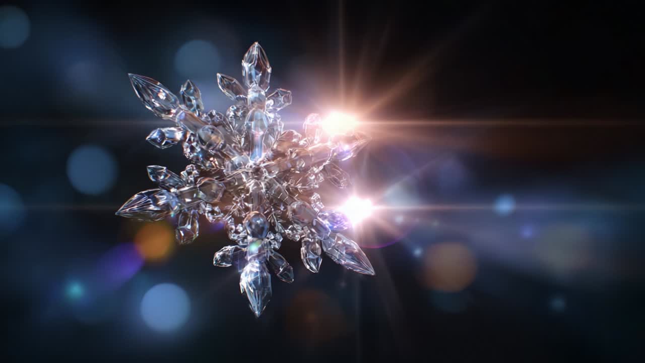 Uno straordinario fiocco di neve cristallino irradia brillantezza su uno sfondo scuro, catturando i dettagli intricati della sua struttura sfaccettata, riflettendo fasci di luce e incantando gli spettatori con la sua straordinaria bellezza