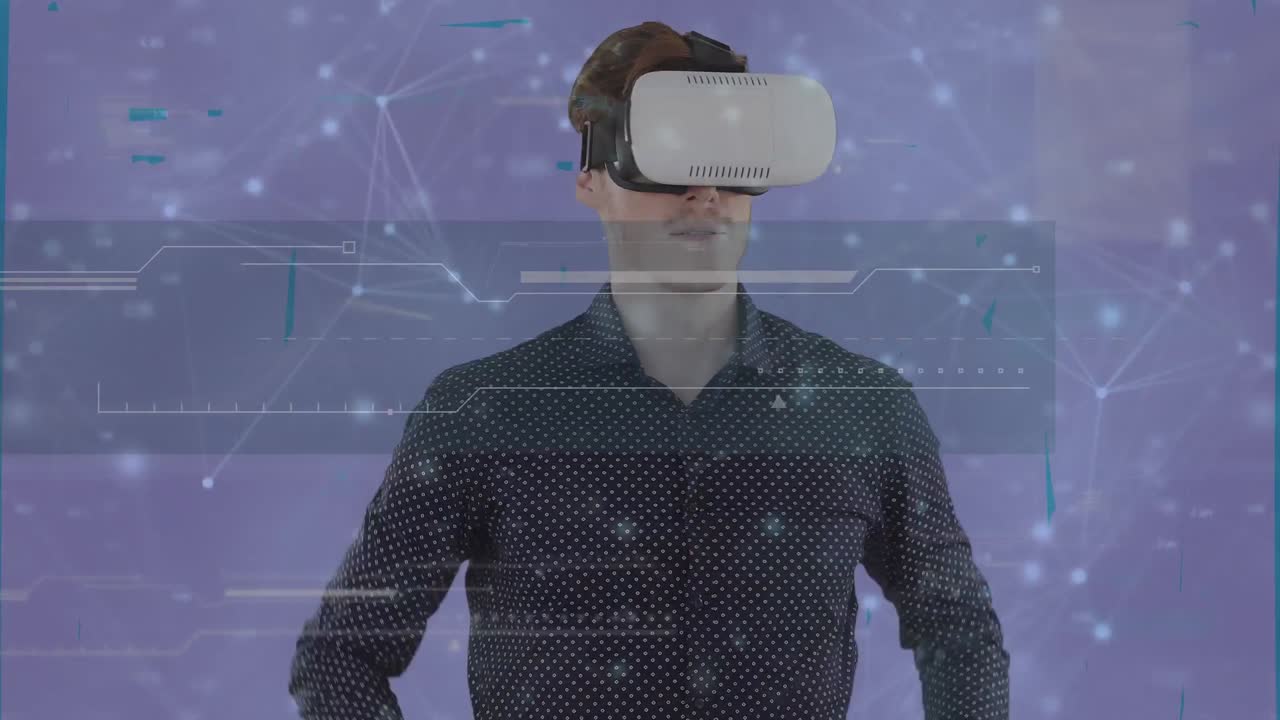 animación de un hombre de negocios que usa auriculares vr con red de conexiones